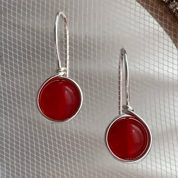 Red Jade & Silver Wire Wrapped Minimalist Earrings - Picture 5 of 12